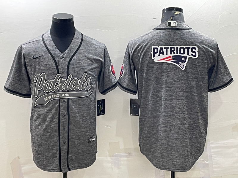 Men's New England Patriots Grey Team Big Logo With Patch Cool Base Stitched Baseball Jersey